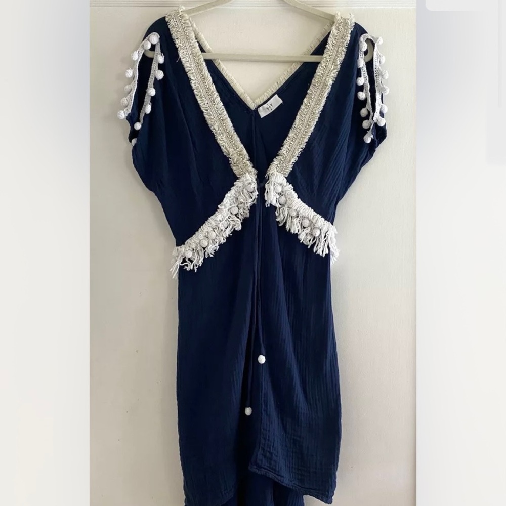 VMT Careyes Navy Blue Pom Pom Gauze Kaftan Cover Up Size M Made In USA